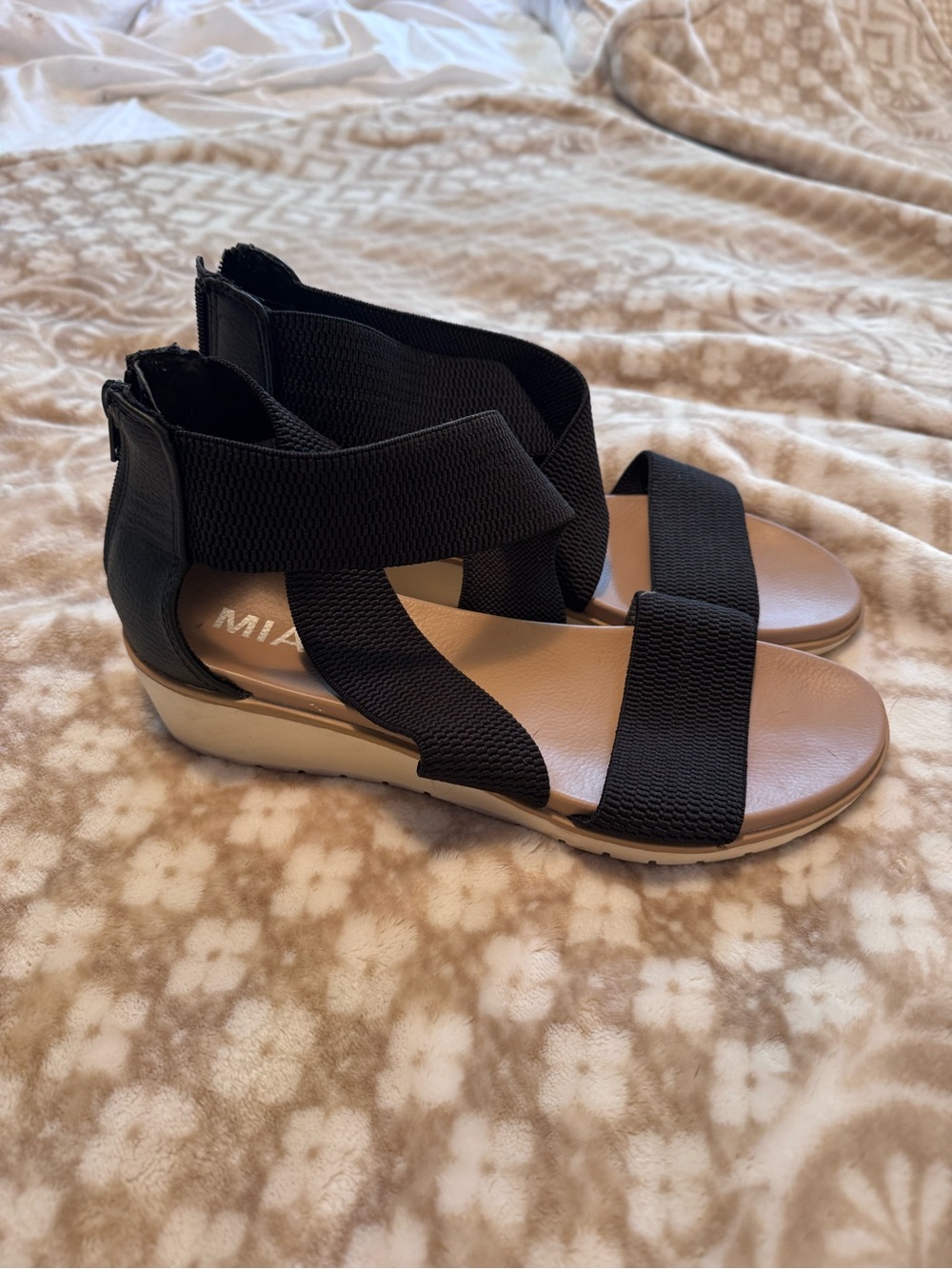 MIA Black Elastic Strap Wedge Sandals with Tan Footbed